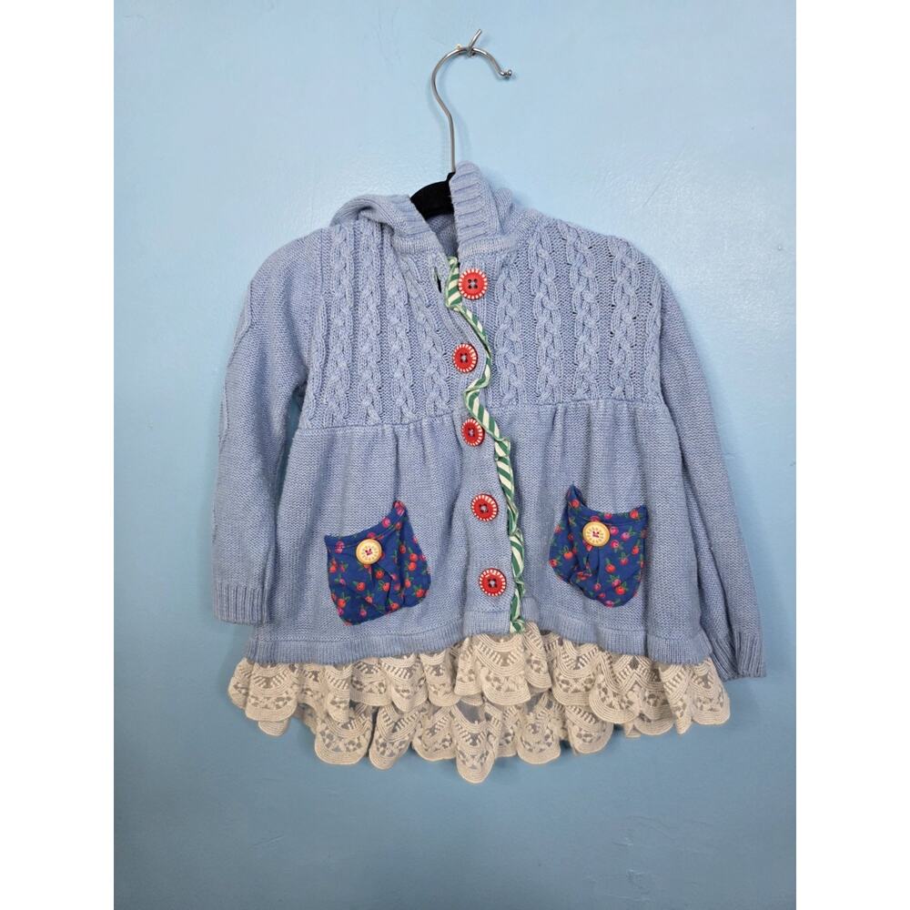 Matilda Jane Baby Girl Blue Knit Hooded Sweater Dress 18–24M Lace Hem whimsical - Picture 3 of 7